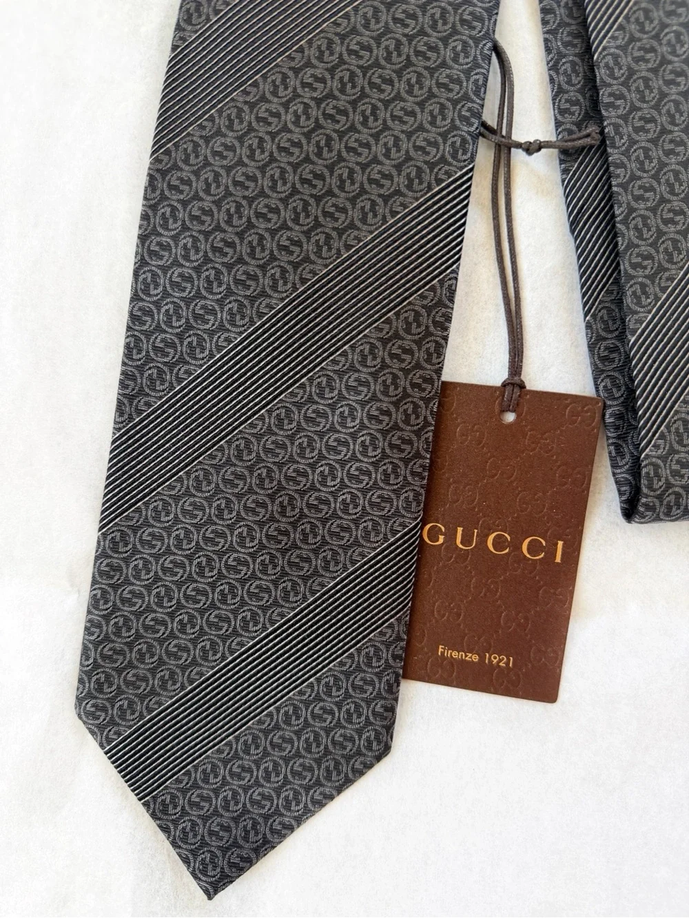 Gucci Classic Dark Grey Men's Textured Stripe and GG Tie NWT